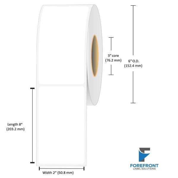 2 x 8 inch matte BOPP inkjet labels, 265 labels per roll, 3 inch core, 6 inch outer diameter