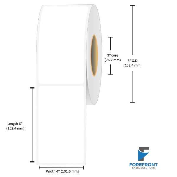 4 x 6 inch matte BOPP inkjet labels, 350 labels per roll, 3 inch core, 6 inch outer diameter