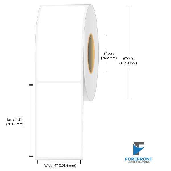 4 x 8 inch matte BOPP inkjet labels, 265 labels per roll, 3 inch core, 6 inch outer diameter