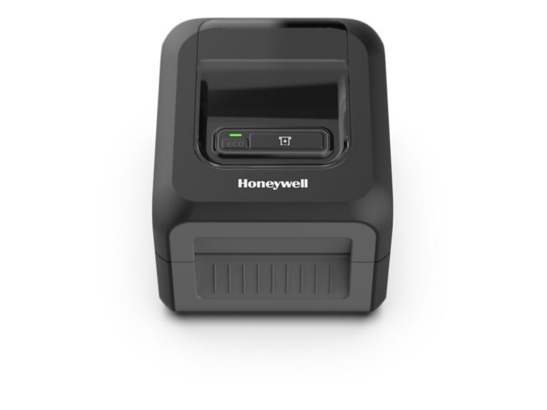 Black Honeywell PC41E-D direct thermal printer viewed from the front, with one-button controls and standard tear-off exit.