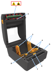 Zebra ZD421D. Direct thermal media path with no ribbon. Manufacturer illustration; callout definitions are in the source guide.