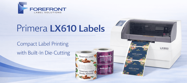 Primera LX610 colour label printer with custom product labels made by its built-in plotter cutter.