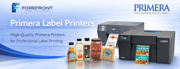 Primera LX-Series colour label printers with compatible product label examples for small businesses.