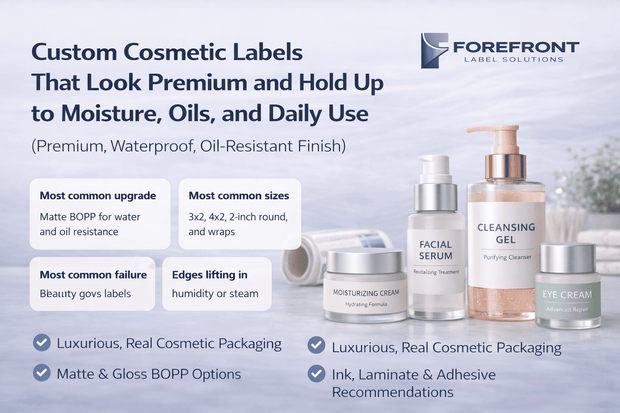 Canadian skincare and cosmetic packages arranged on a clean vanity with bilingual product labels