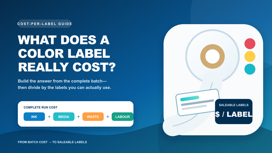 Cost-per-label guide showing ink, media, waste and labour divided by saleable labels.