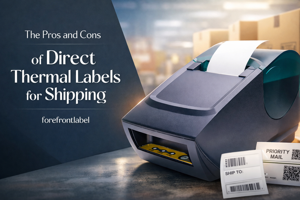 Direct thermal label printer with shipping labels and parcels illustrating the pros and cons of direct thermal labels for shipping by Forefront Label Solutions