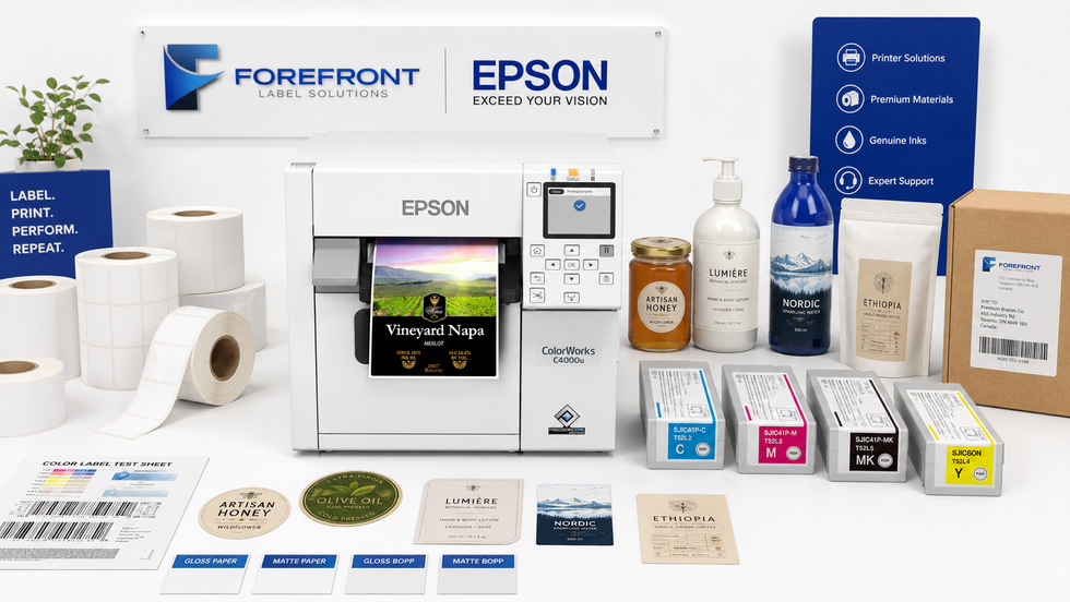 Epson ColorWorks C4000 printer with genuine SJIC41P ink cartridges, label rolls and printed product labels.