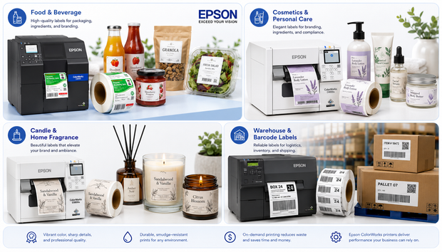 Epson ColorWorks colour label printers used for food, cosmetics, candle and warehouse retail label printing.