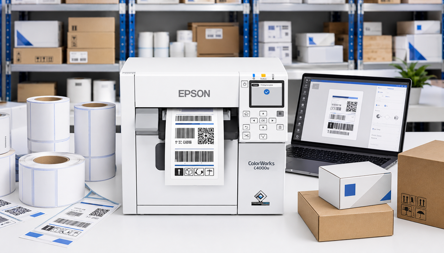 Epson ColorWorks printer workflow showing label setup, printing, barcode inspection, and finished labels