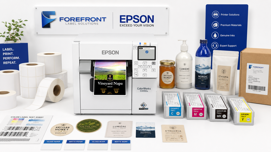 Genuine Epson ColorWorks C4000 printer with compatible Epson inks and inkjet label rolls