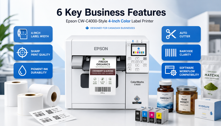 Small business Epson colour label printer setup with genuine hardware, inks, and product labels