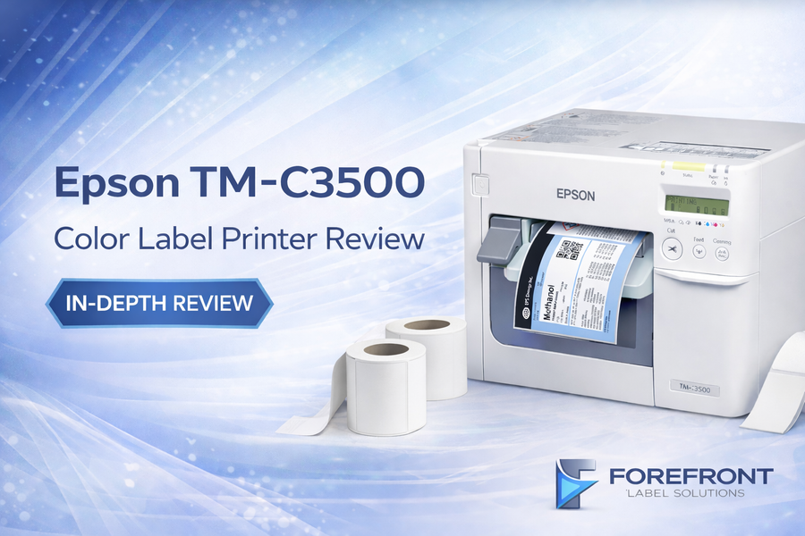 Epson TM-C3500 color label printer review banner with printer image, label rolls, and ForeFront Label Solutions branding