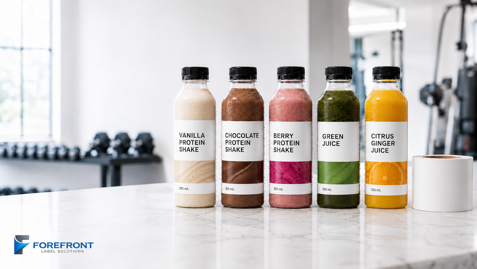 Five refrigerated protein shake and juice bottles with coordinated labels beside a blank inkjet label roll.