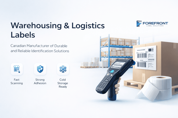 Warehouse and logistics labels used for racks, pallets, inventory, shipping and receiving in Canada.
