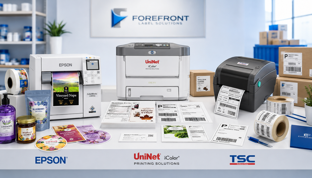 Inkjet vs laser vs thermal label printer comparison with colour product labels, barcode labels, shipping cartons, label rolls, and business packaging samples