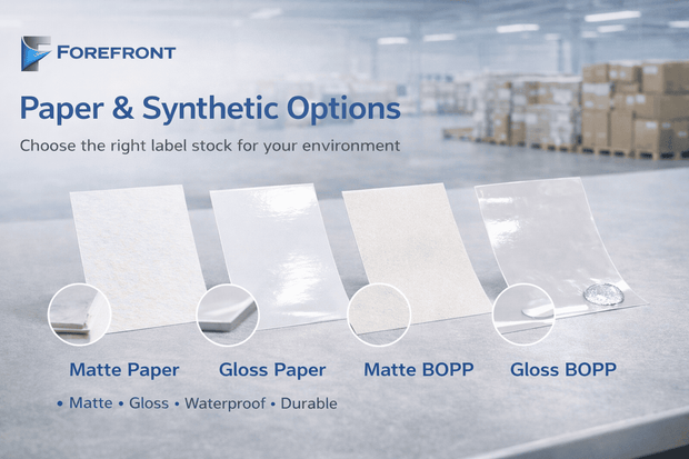 Paper, matte BOPP, gloss BOPP, and synthetic label material samples arranged for comparison