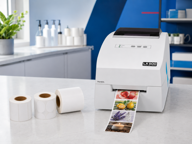 Primera LX500 colour label printer with compatible compact inkjet label rolls