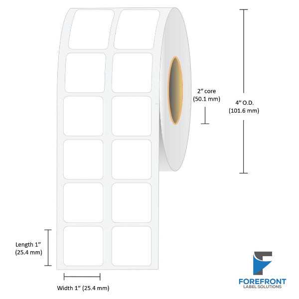 1 x 1 inch (2UP) matte BOPP inkjet labels, 1900 labels per roll, 2 inch core, 4 inch OD