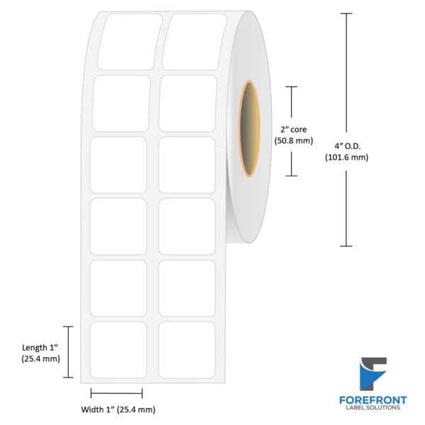 1" x 1" gloss BOPP inkjet labels, 2100 per roll, 3" core, 6" OD
