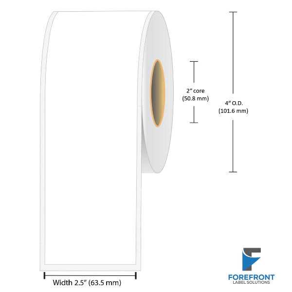 2.5 inch continuous matte BOPP inkjet labels, 90 feet per roll, 2 inch core, 4 inch OD