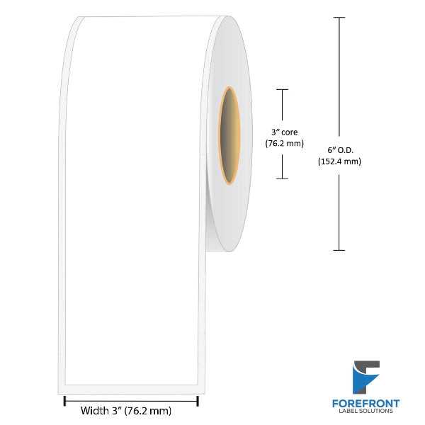 3 inch continuous matte BOPP inkjet labels, 180 ft per roll, 3 inch core, 6 inch outer diameter
