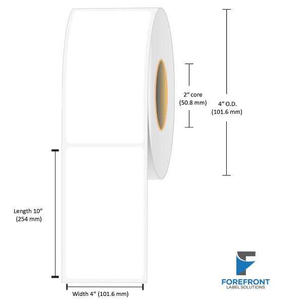 4 x 10 inch matte BOPP inkjet labels, 105 labels per roll, 2 inch core, 4 inch outer diameter