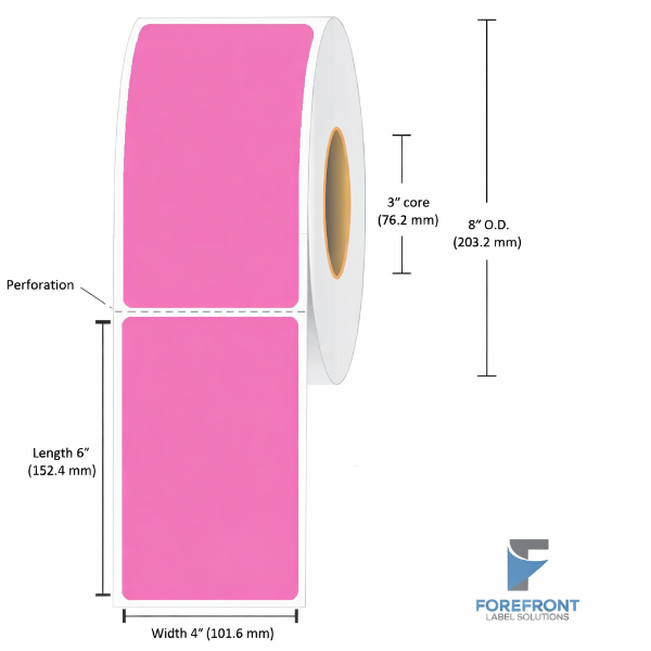 4" x 6" pink floodcoated thermal transfer labels 1000 per roll 3" core 8" OD 4 rolls per case