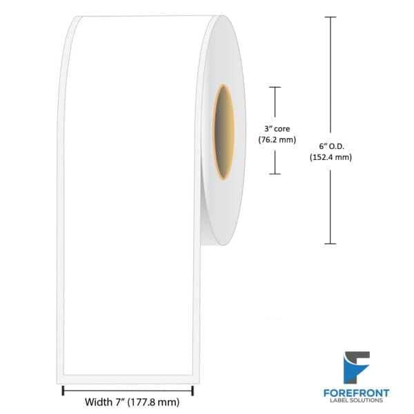 7 inch continuous gloss BOPP inkjet labels, 200 ft roll, 3 inch core, 6 inch outer diameter