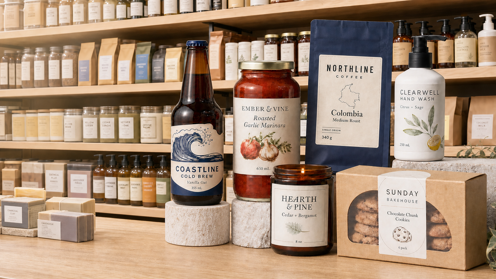 Product-specific label designs for coffee, sauce, candles, hand wash and bakery packaging