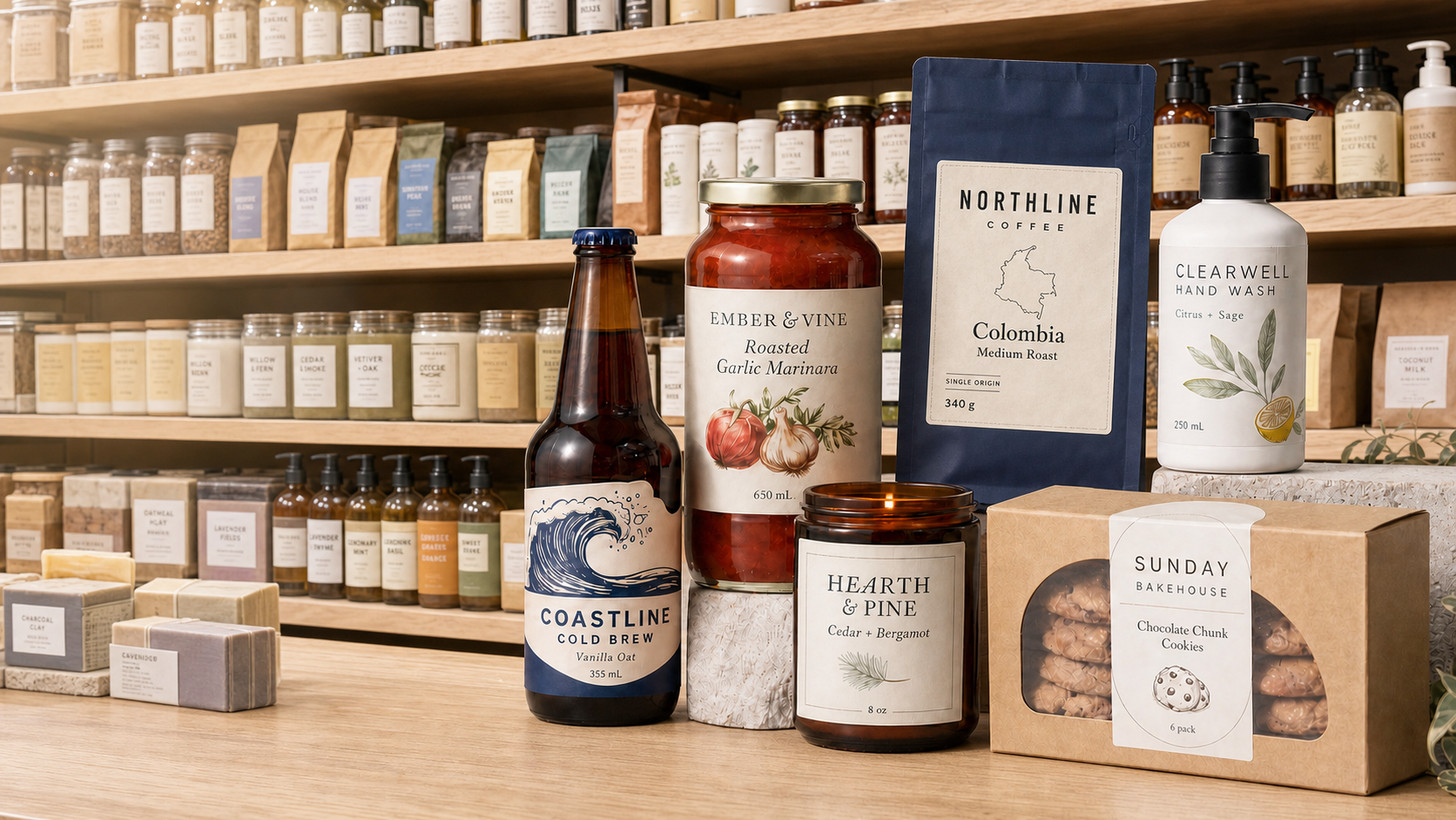 Product-specific label designs for coffee, sauce, candles, hand wash and bakery packaging