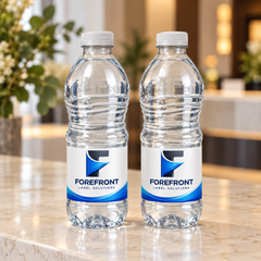 Illustrative pair of custom-branded ESKA 500 mL bottles with white caps and ridged bodies at an event reception