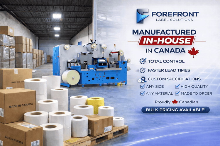 In-house label manufacturing in Canada by ForeFront Label Solutions showing warehouse production facility, converting machine, and bulk roll labels available with fast lead times and custom specifications.