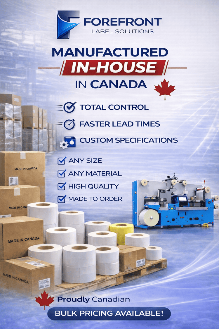 ForeFront Label Solutions in-house label production in Canada featuring bulk roll labels, custom sizes, fast lead times, and high-quality made-to-order manufacturing.