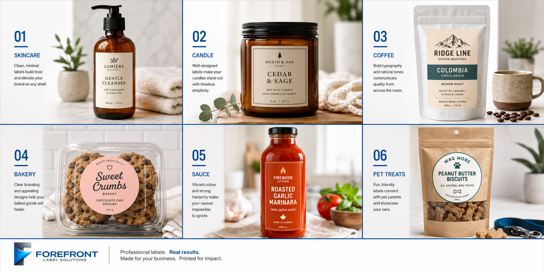 Product-specific labels on beverage, sauce, coffee, soap, candle and bakery packaging