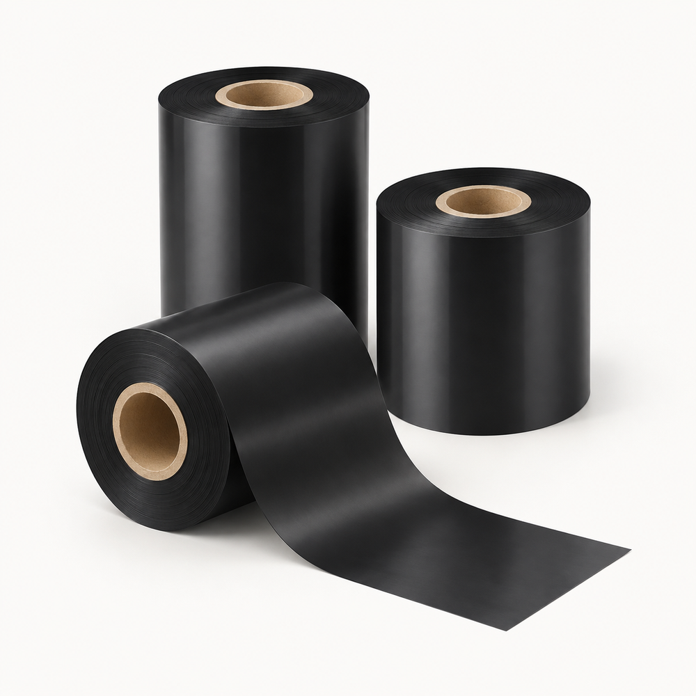 Unbranded thermal-transfer ribbon illustration; colour, dimensions and packaging vary by configuration