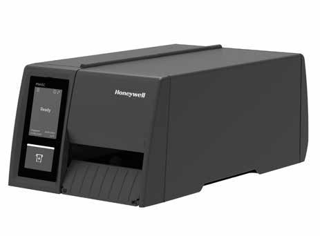 Honeywell PM45C compact industrial printer with long door and touchscreen, shown with the housing closed.
