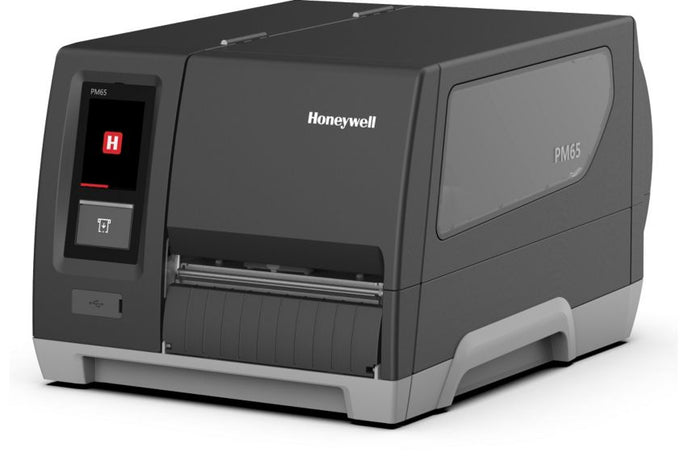 Honeywell PM65 six-inch industrial printer with touchscreen and standard output front. Family housing view; the selected configuration specifies the installed interfaces.