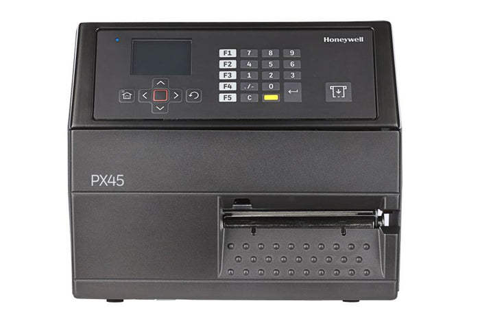 Front view of the Honeywell PX45 four-inch industrial label printer with keypad and display.