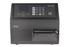 Front view of the Honeywell PX45 four-inch industrial label printer with keypad and display.