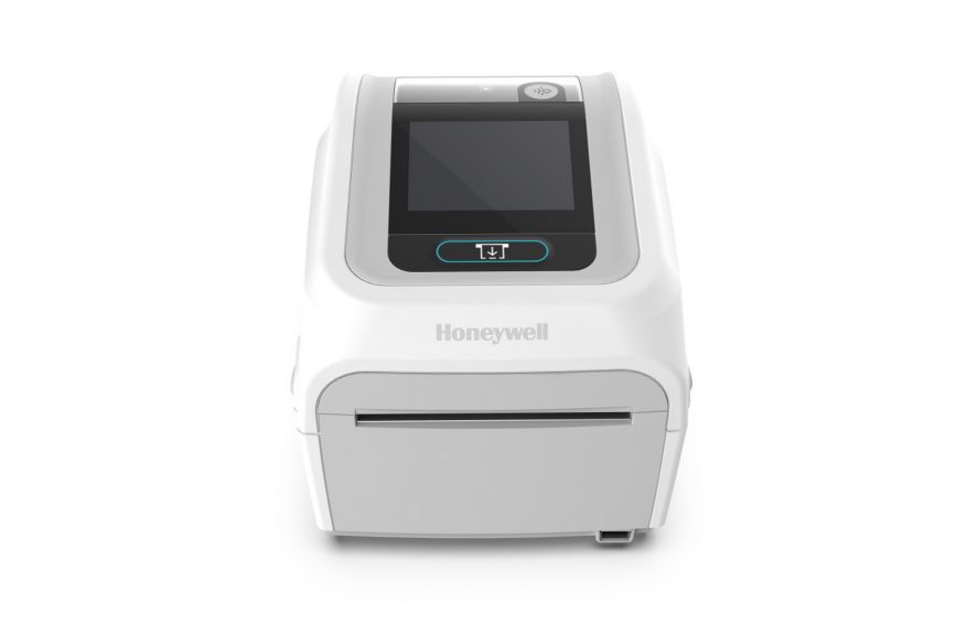 White Honeywell PC45D healthcare direct thermal printer with touchscreen and standard tear-off exit, without an optional cutter or dispenser.
