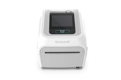 White Honeywell PC45D healthcare direct thermal printer with touchscreen and standard tear-off exit, without an optional cutter or dispenser.