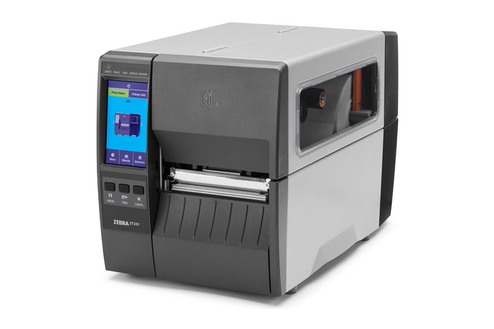 Zebra ZT231 300 DPI industrial label printer, front three-quarter view