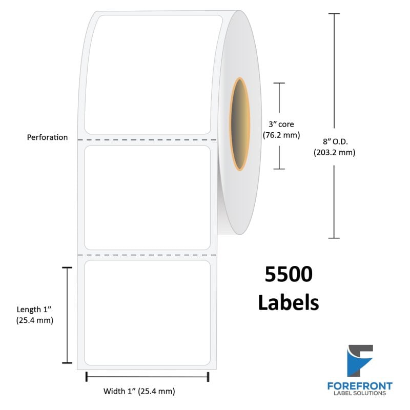 1" x 1" Top Coated Direct Thermal Label - 5500 Labels (8-Pack)